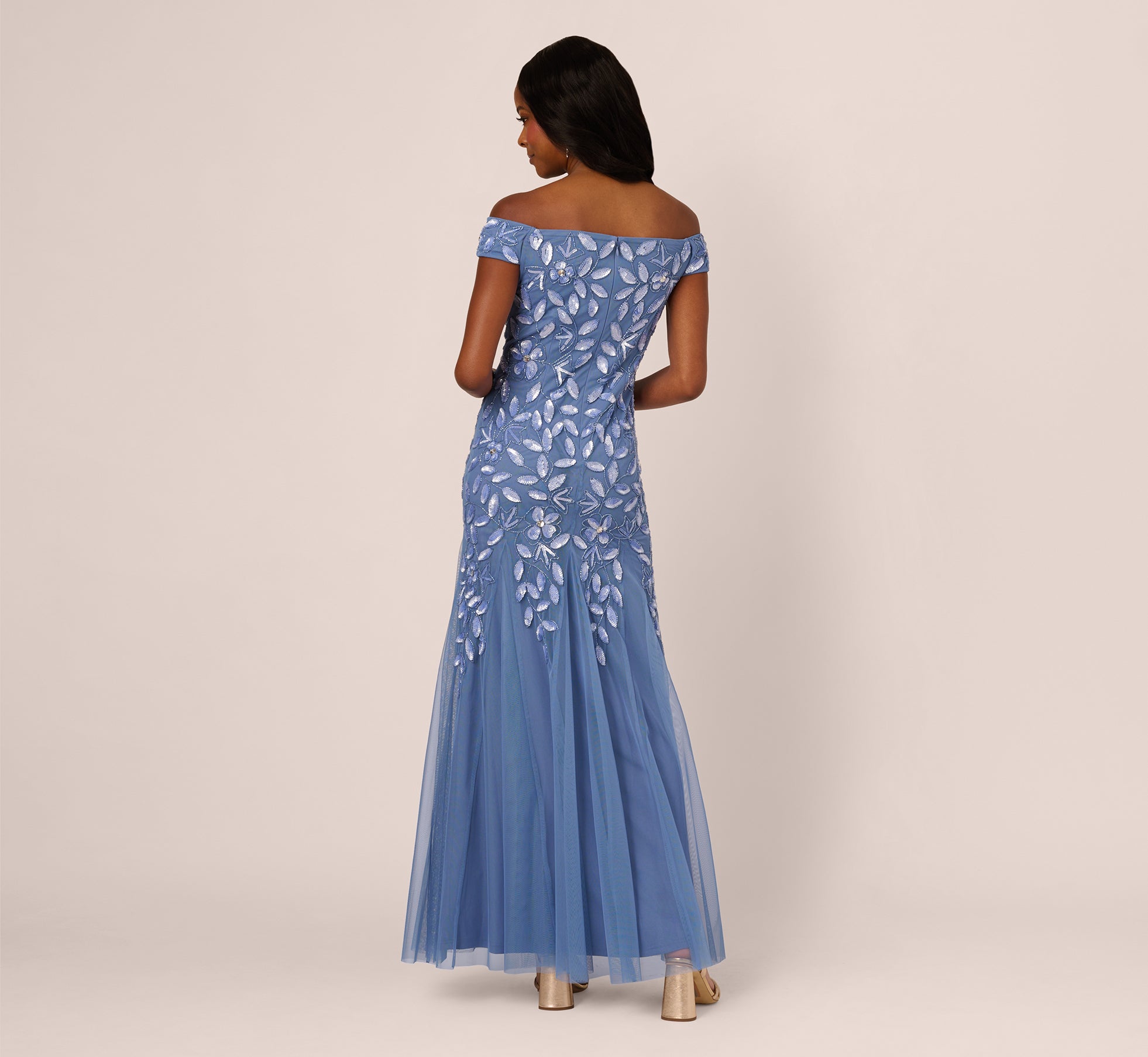 Off Shoulder Floral Beaded Godet Gown In French Blue