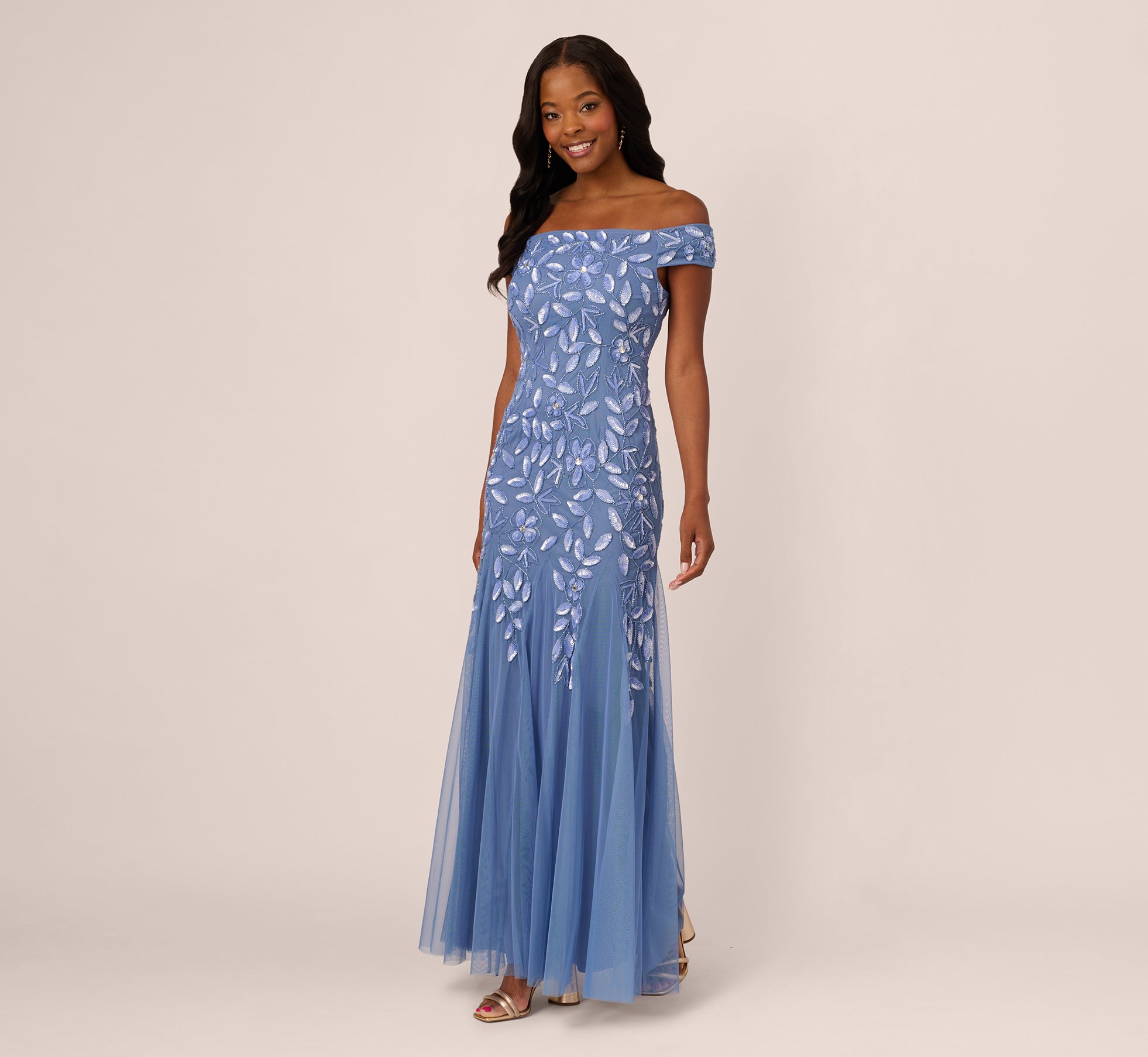 Off Shoulder Floral Beaded Godet Gown In French Blue