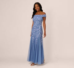 Off Shoulder Floral Beaded Godet Gown In French Blue