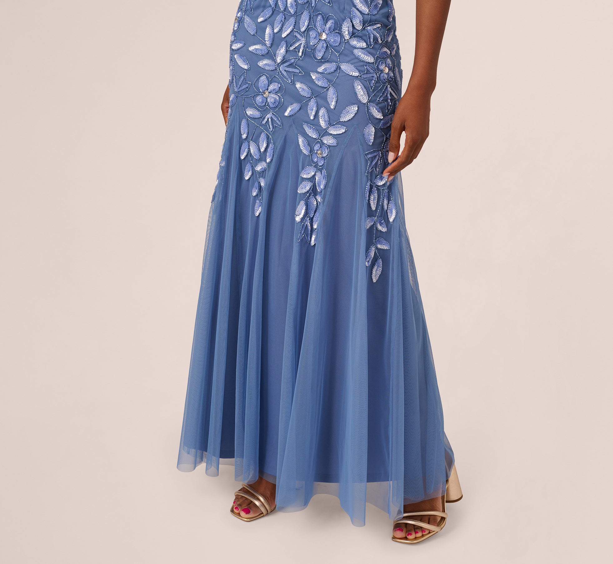 Off Shoulder Floral Beaded Godet Gown In French Blue