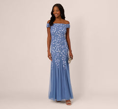Off Shoulder Floral Beaded Godet Gown In French Blue
