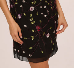Bow Shoulder Floral Beaded Sheath Dress In Black Multi
