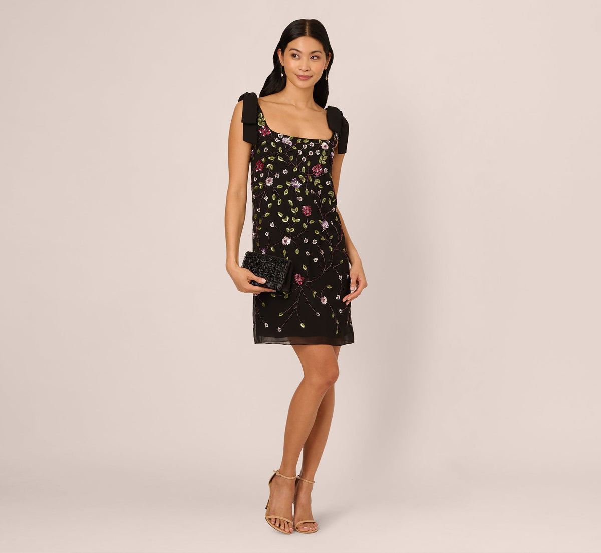 Bow Shoulder Floral Beaded Sheath Dress In Black Multi