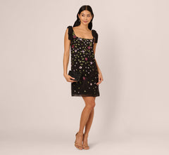 Bow Shoulder Floral Beaded Sheath Dress In Black Multi