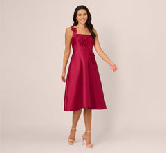 Sleeveless 3D Flower Mikado Midi Dress In Red Plum