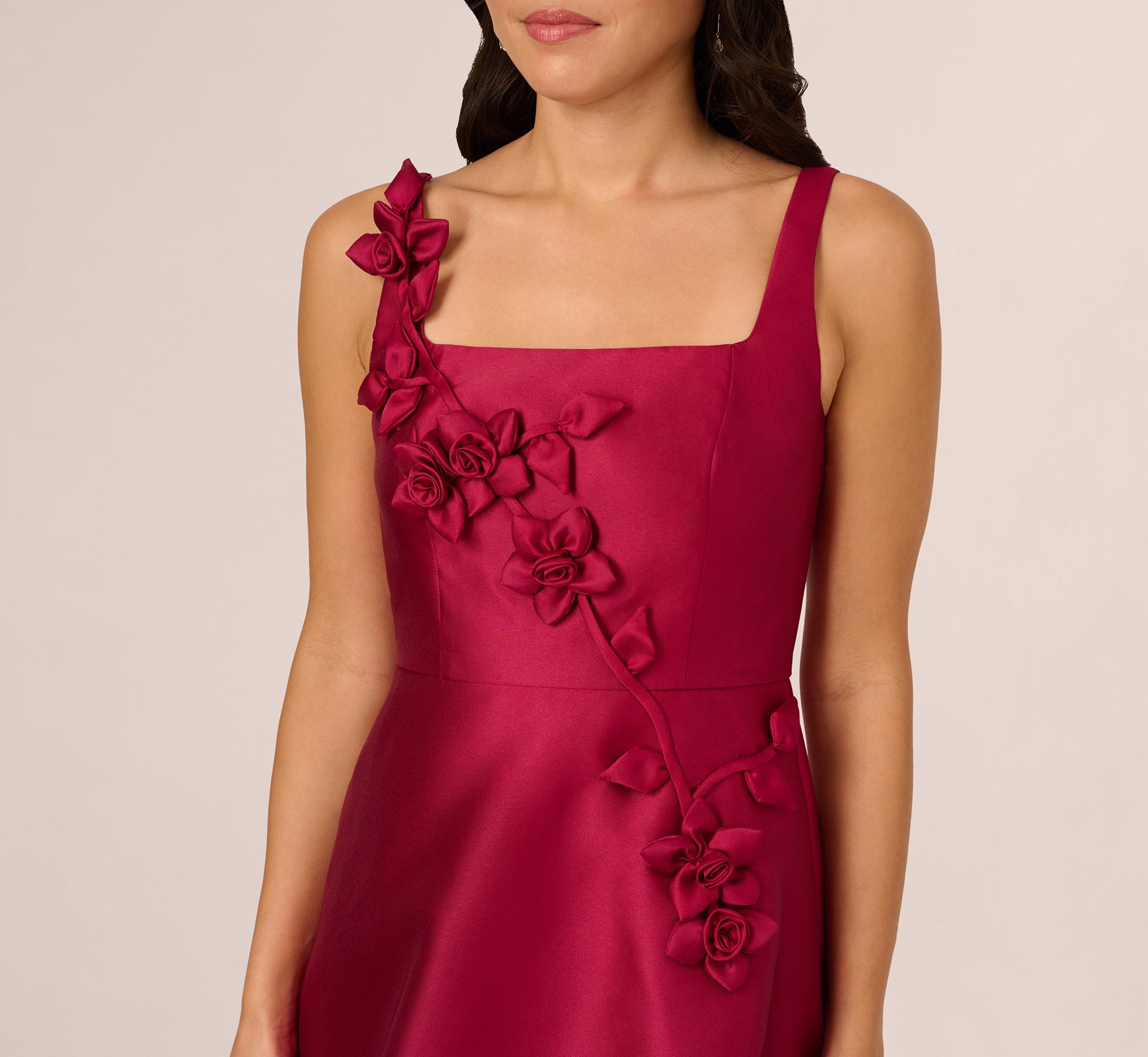 Sleeveless 3D Flower Mikado Midi Dress In Red Plum