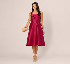 Sleeveless 3D Flower Mikado Midi Dress In Red Plum