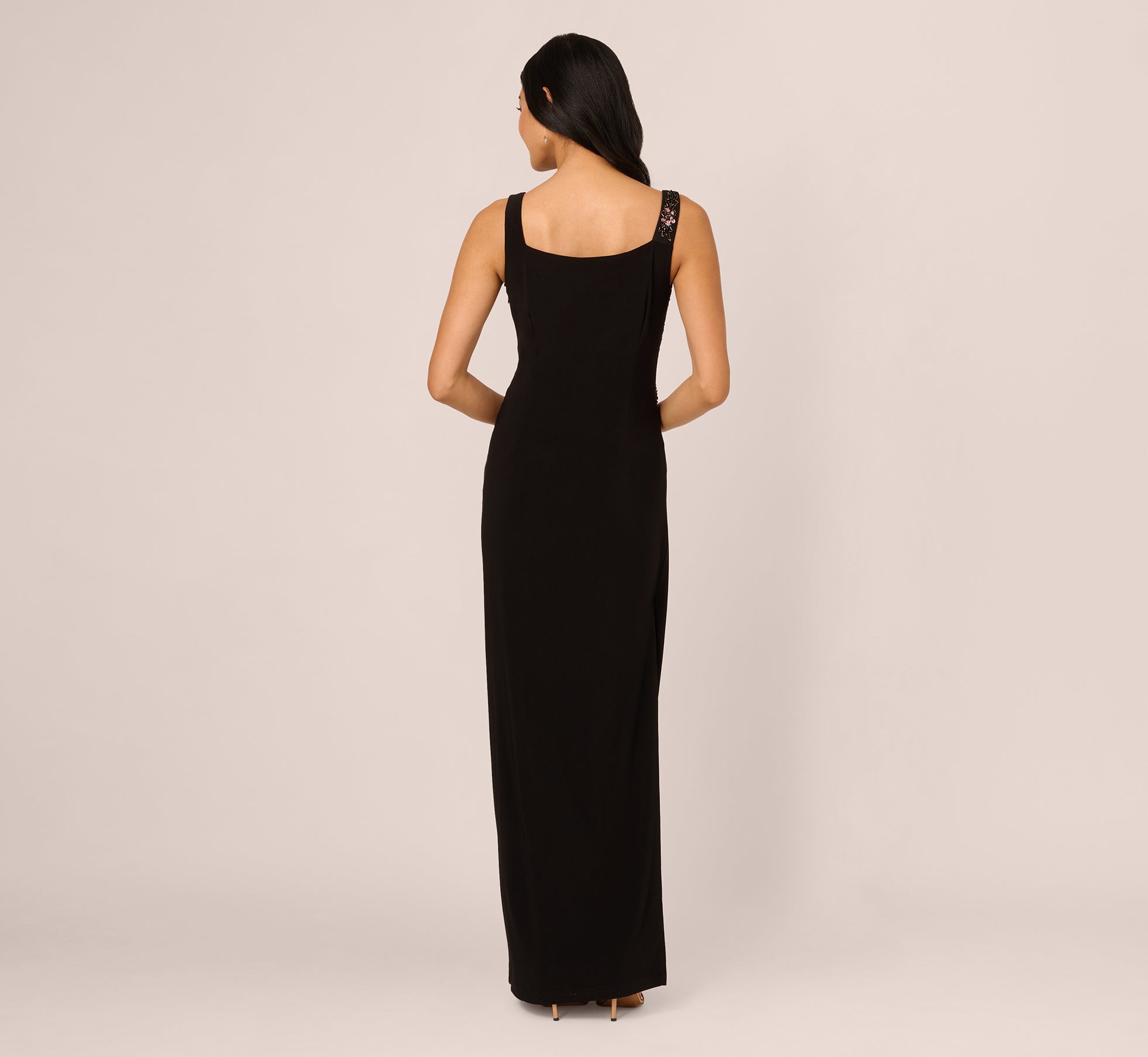 Sleeveless Asymmetrical Floral Beaded Jersey Gown In Black Multi