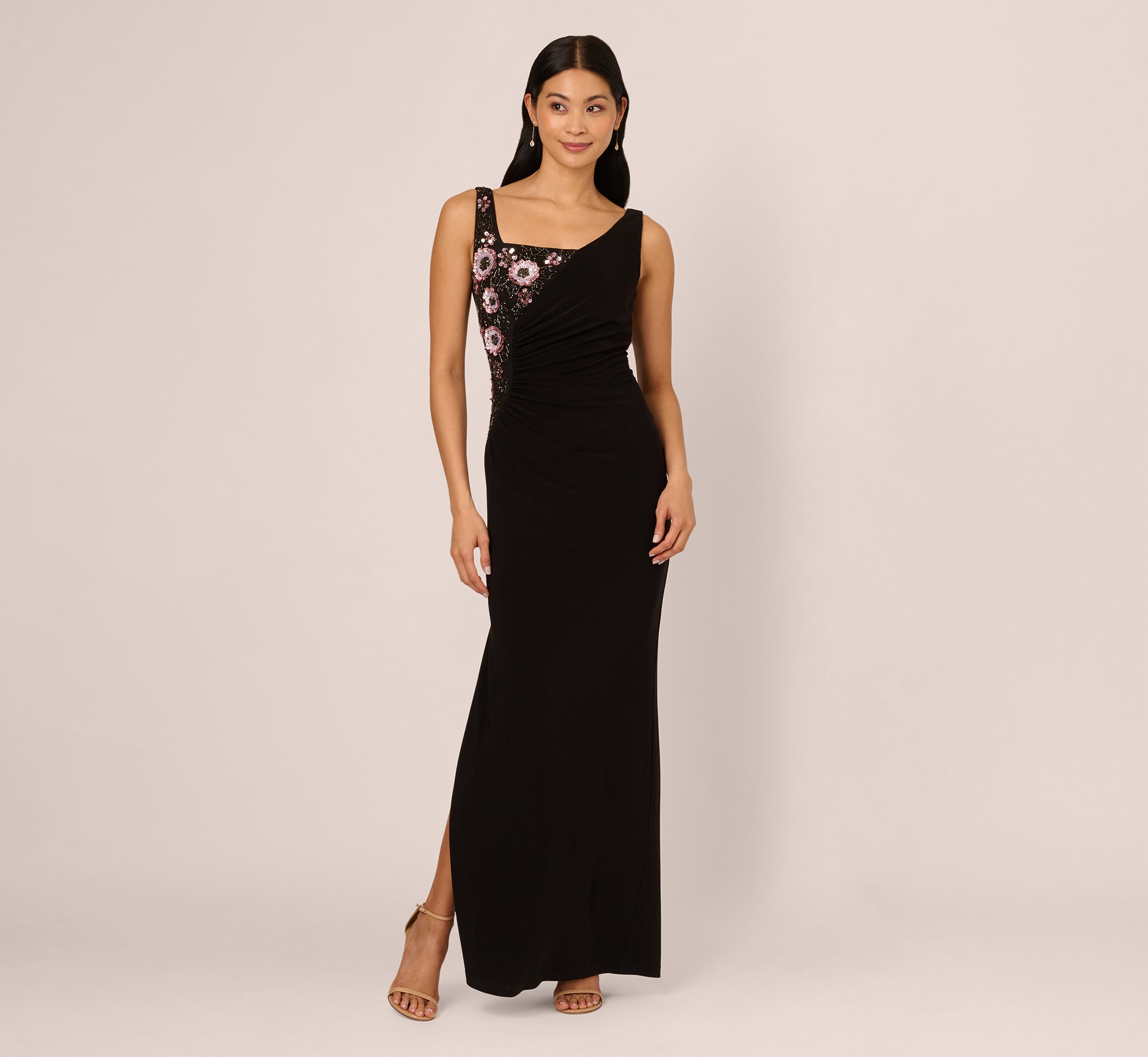 Sleeveless Asymmetrical Floral Beaded Jersey Gown In Black Multi