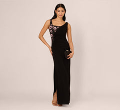 Sleeveless Asymmetrical Floral Beaded Jersey Gown In Black Multi