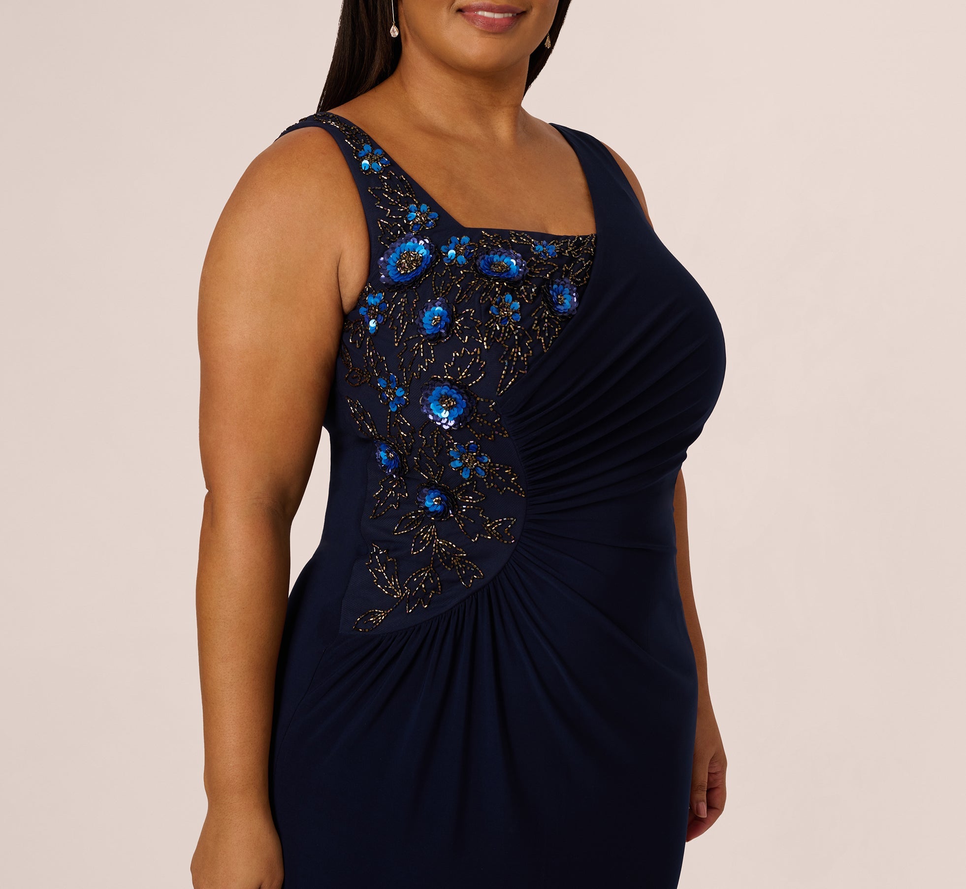 Plus Size Sleeveless Asymmetrical Floral Beaded Jersey Gown In Midnight Multi
