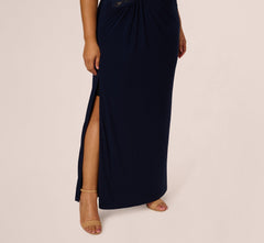 Plus Size Sleeveless Asymmetrical Floral Beaded Jersey Gown In Midnight Multi