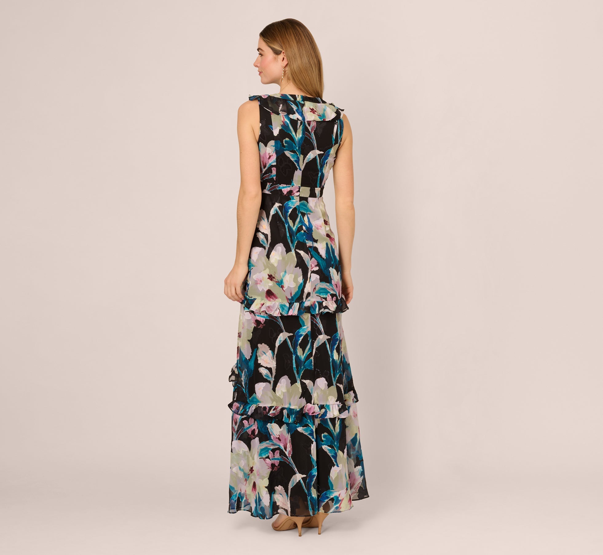 Sleeveless Floral Chiffon High Low Ruffle Gown In Black Multi