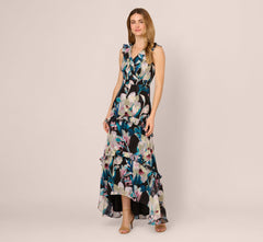 Sleeveless Floral Chiffon High Low Ruffle Gown In Black Multi