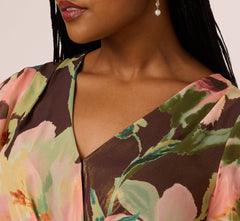 Plus Size Flutter Sleeve High Low Midi Wrap Dress In Brown Multi