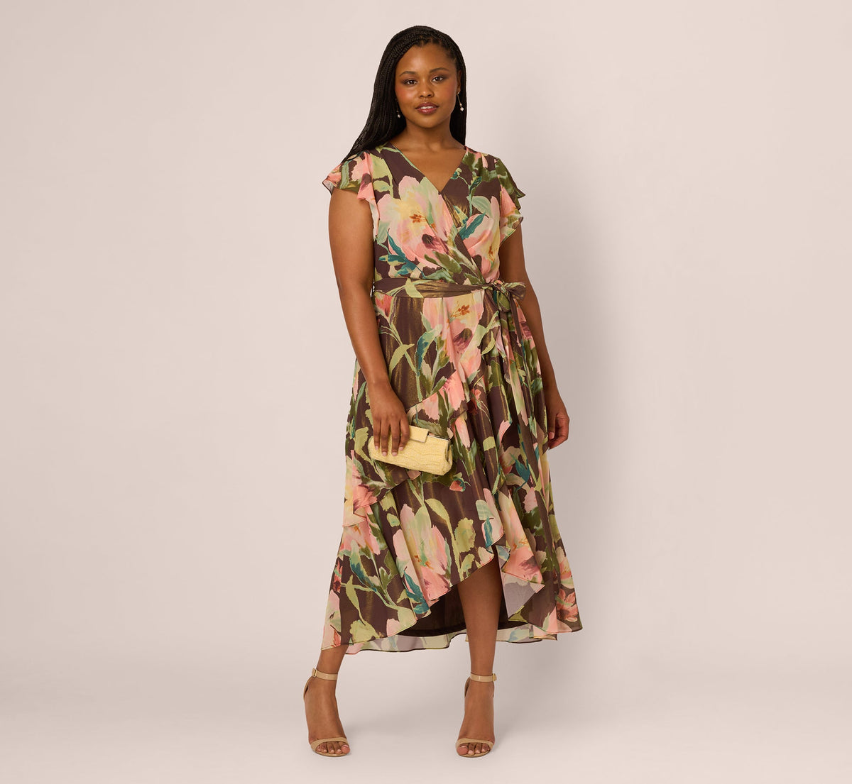 Plus Size Flutter Sleeve High Low Midi Wrap Dress In Brown Multi