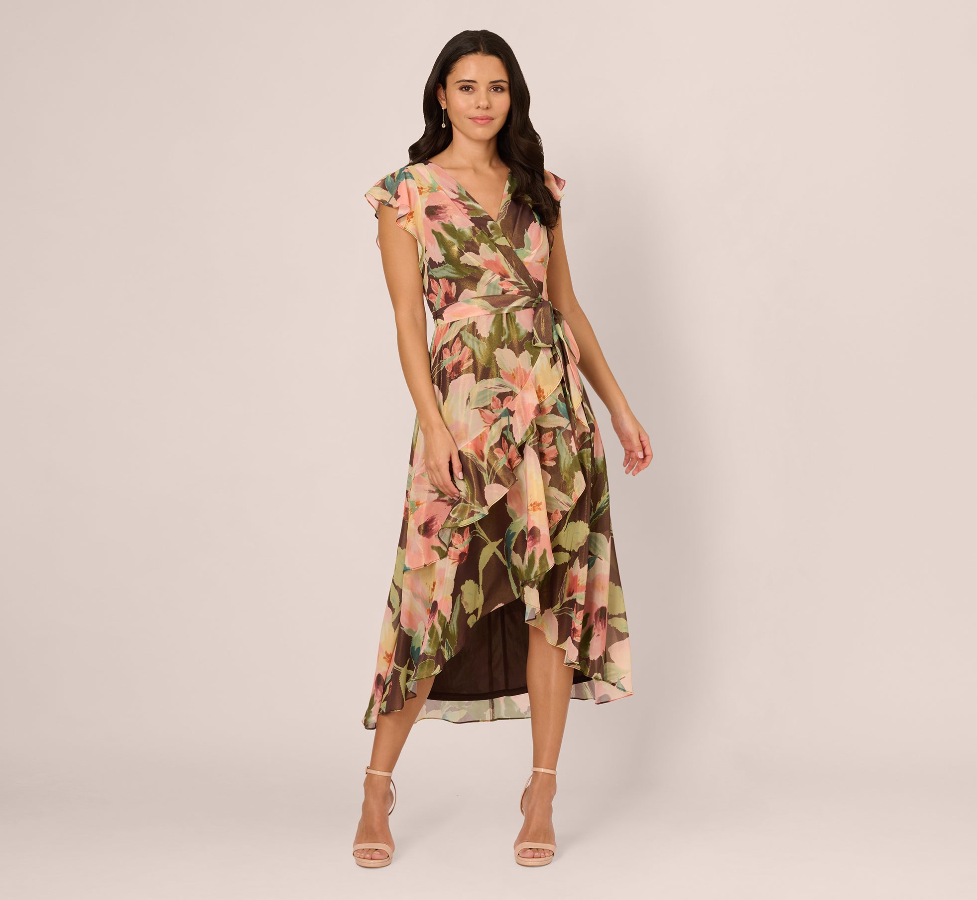 Flutter Sleeve High Low Midi Wrap Dress In Brown Multi