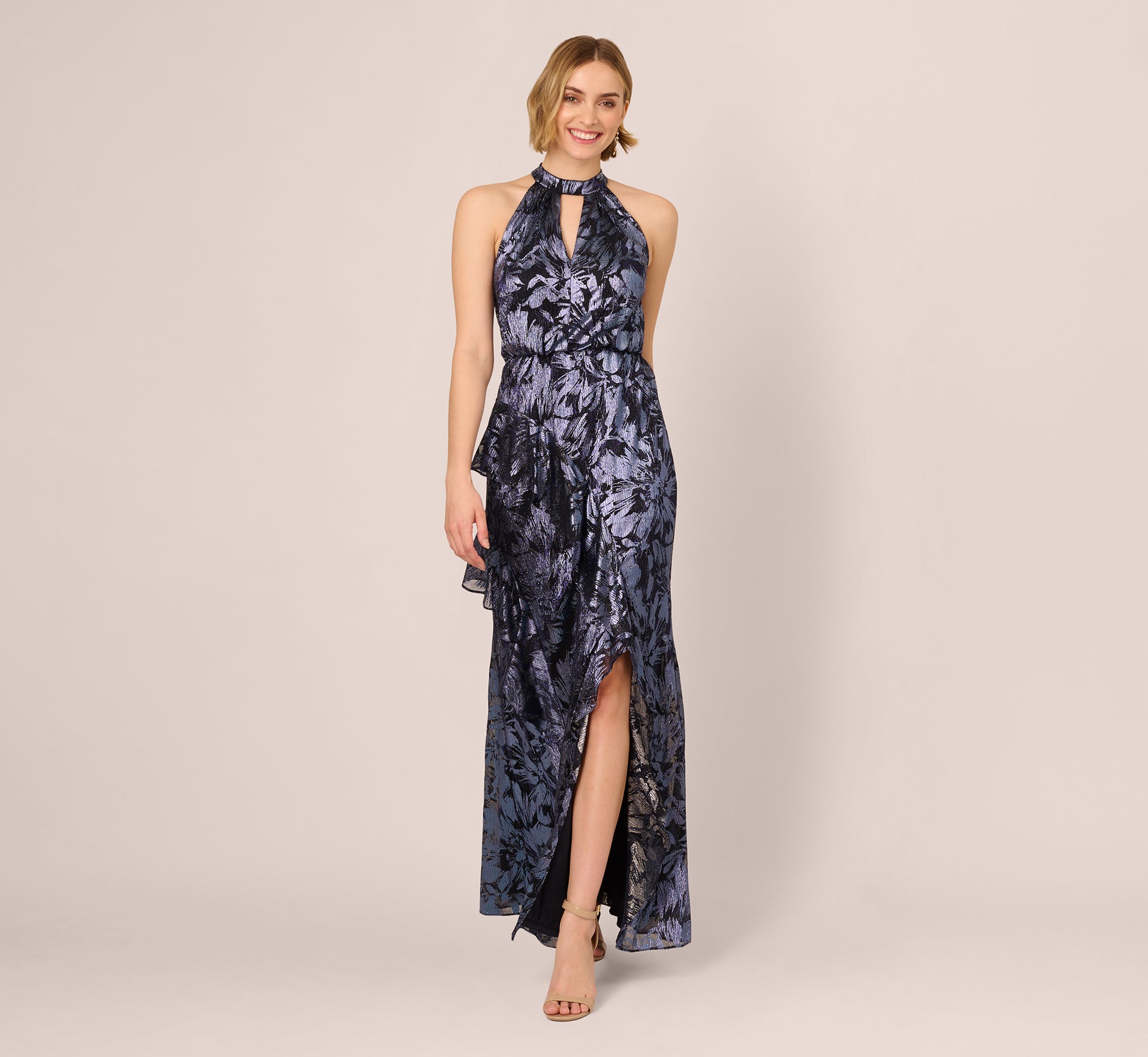 Crinkle Metallic Keyhole Halter Ruffle Gown In Navy