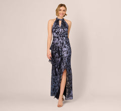 Crinkle Metallic Keyhole Halter Ruffle Gown In Navy