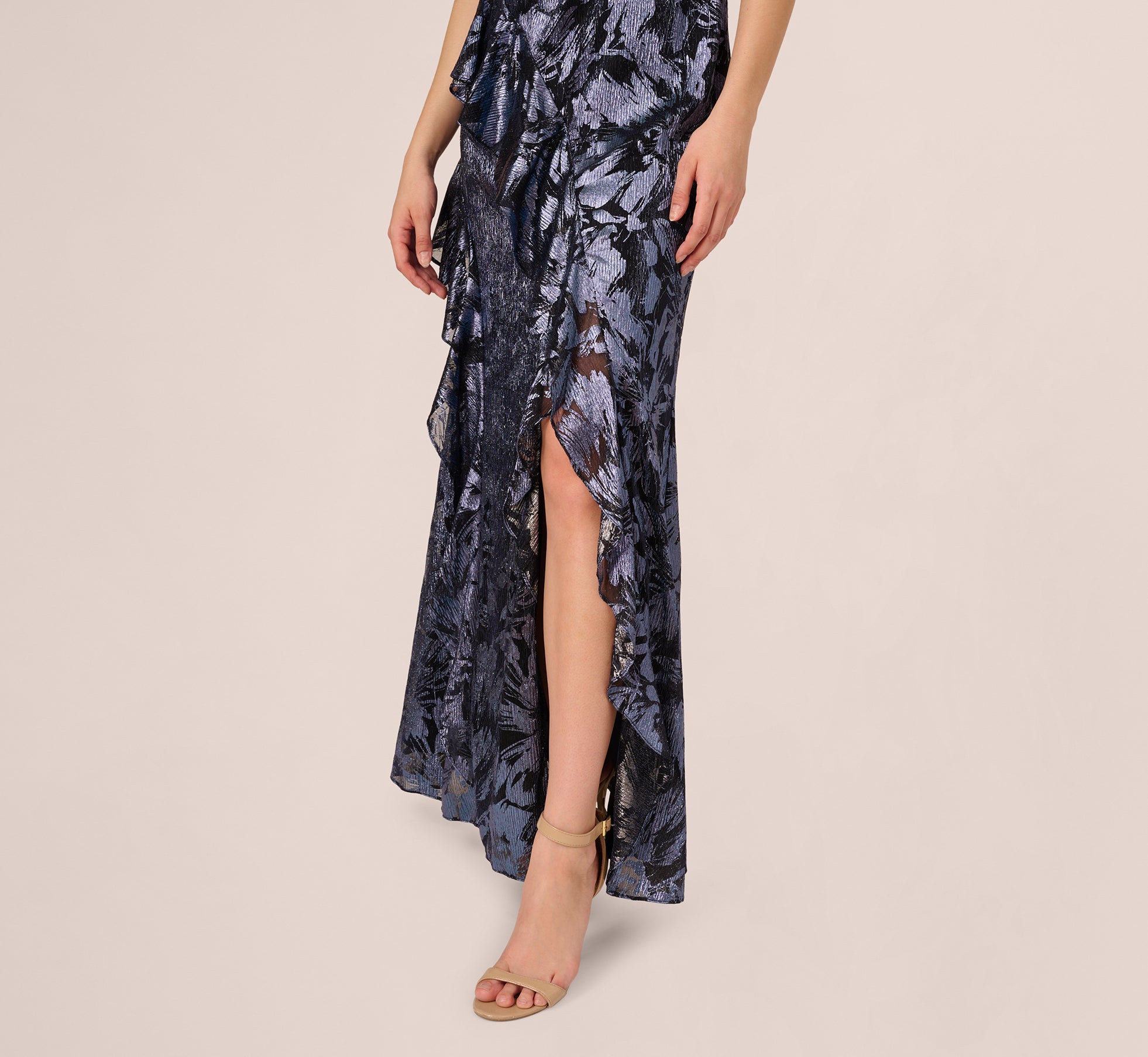 Crinkle Metallic Keyhole Halter Ruffle Gown In Navy