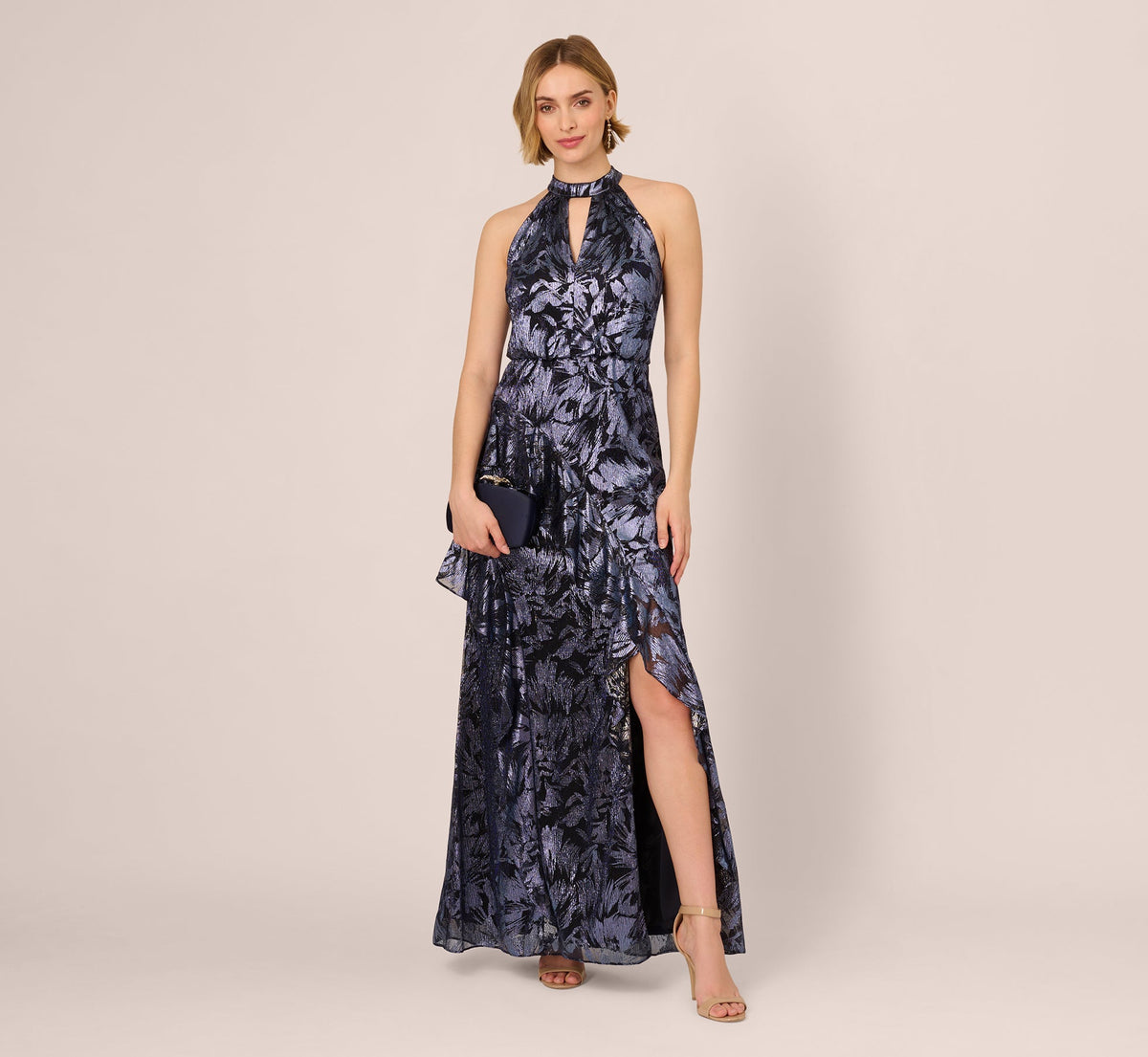 Crinkle Metallic Keyhole Halter Ruffle Gown In Navy