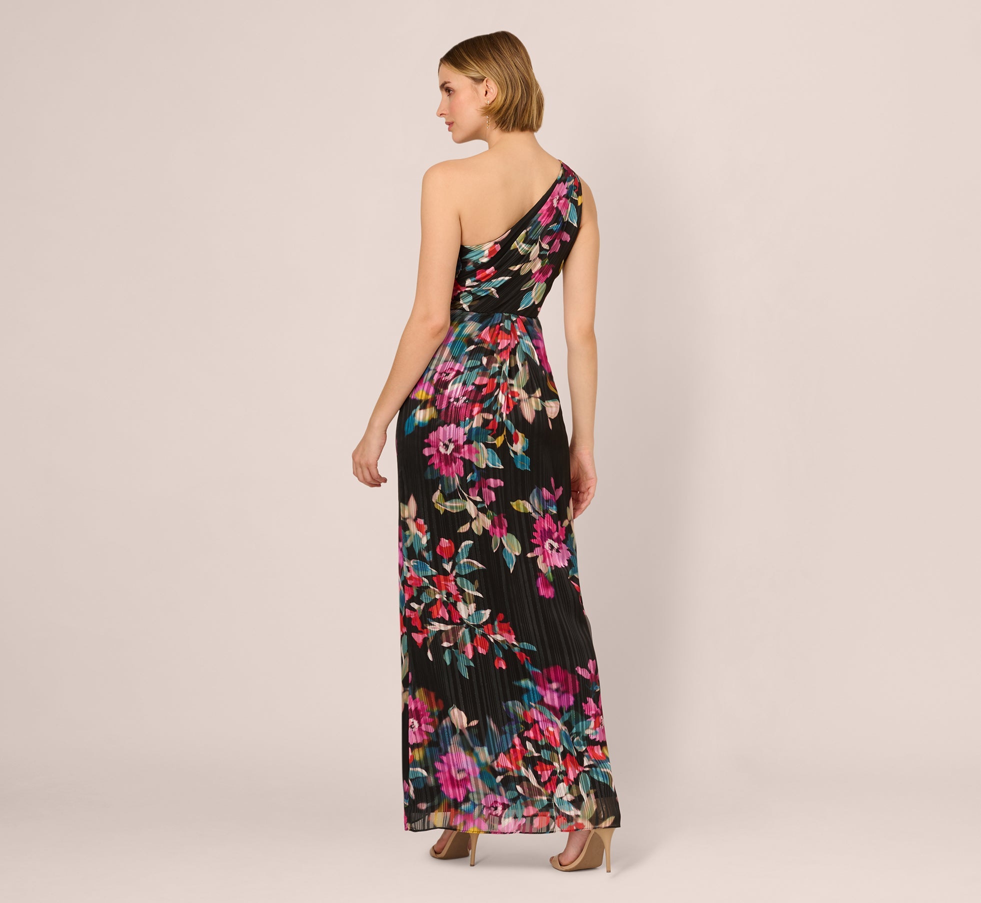 One Shoulder Metallic Floral Stripe Gown In Black Multi