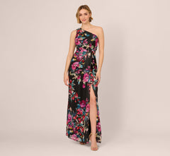 One Shoulder Metallic Floral Stripe Gown In Black Multi