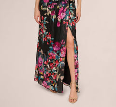 One Shoulder Metallic Floral Stripe Gown In Black Multi