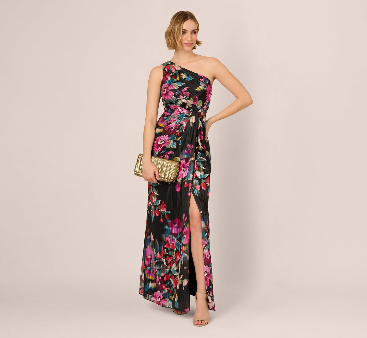One Shoulder Metallic Floral Stripe Gown In Black Multi