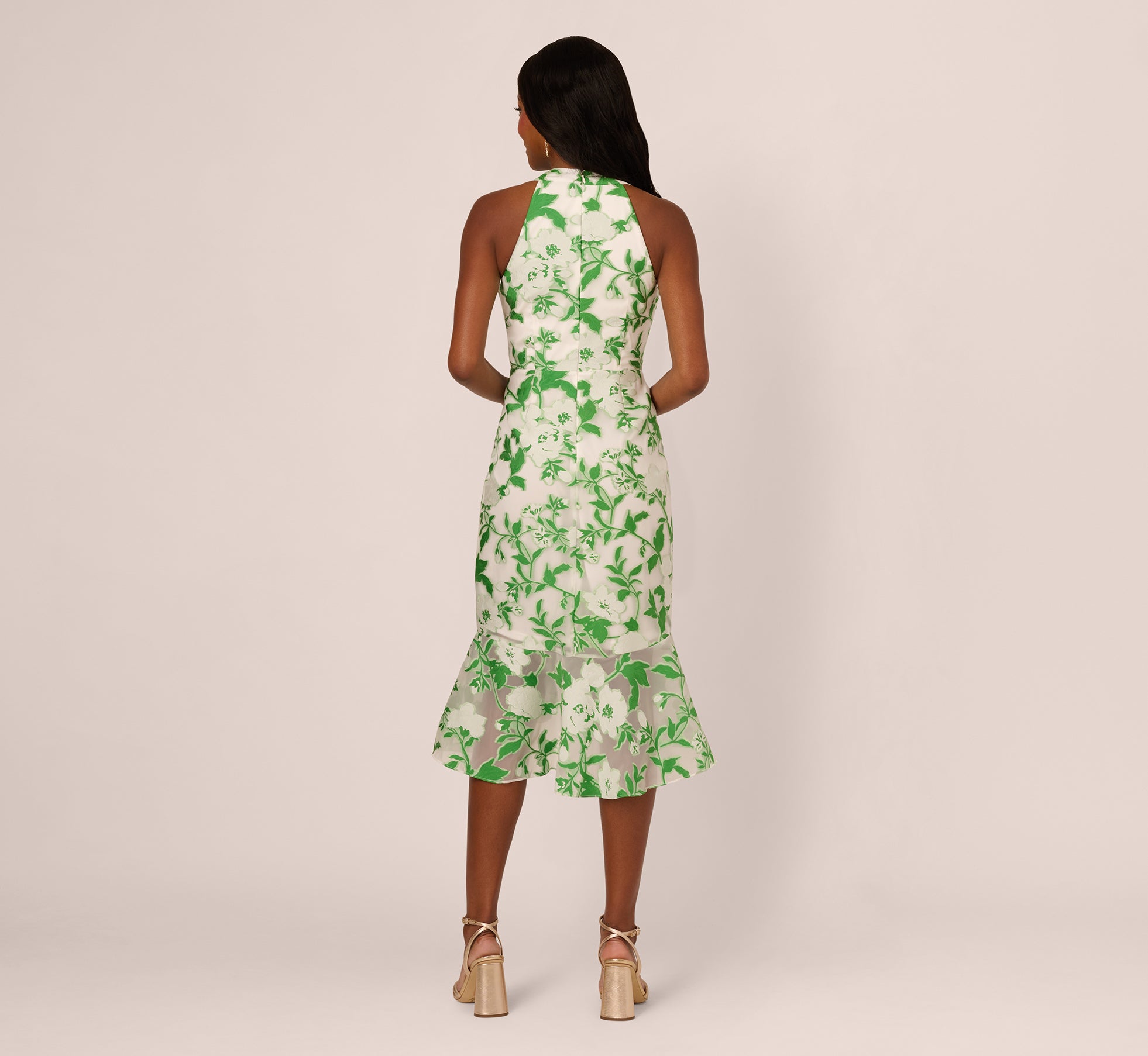 Sleeveless Organza Jacquard Mermaid Midi Dress In Green Ivory