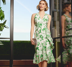 Sleeveless Organza Jacquard Mermaid Midi Dress In Green Ivory