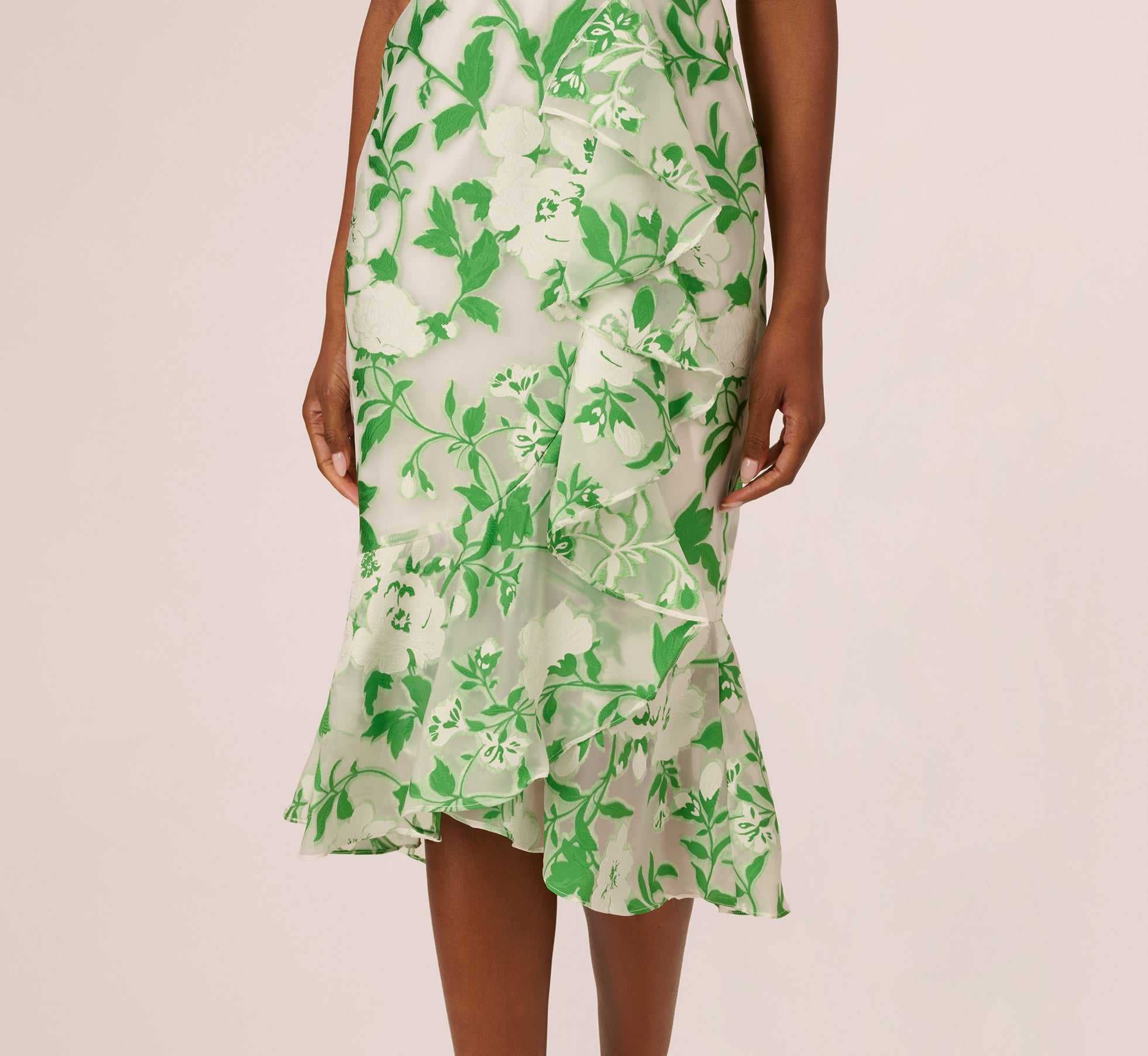 Sleeveless Organza Jacquard Mermaid Midi Dress In Green Ivory