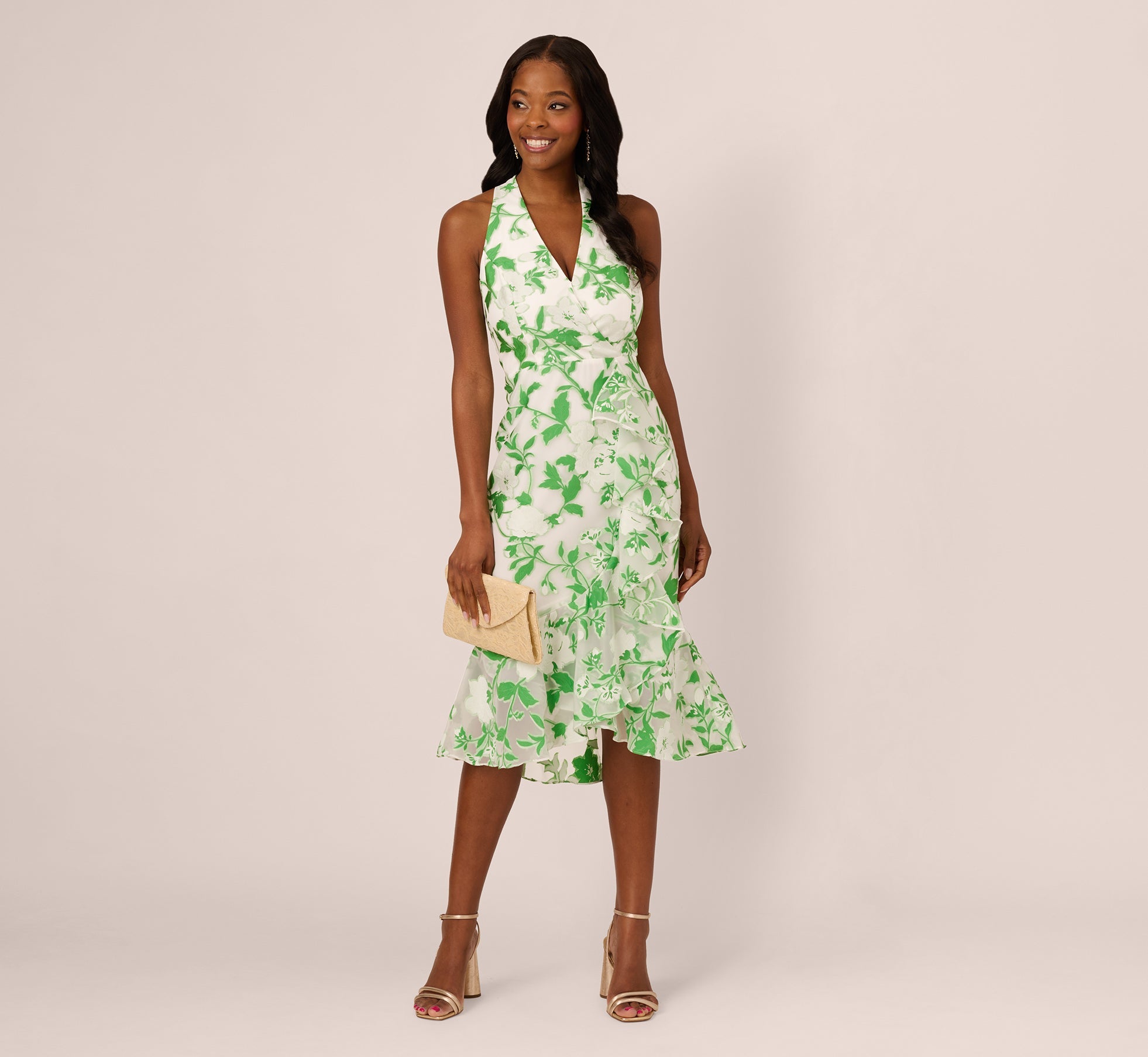 Sleeveless Organza Jacquard Mermaid Midi Dress In Green Ivory