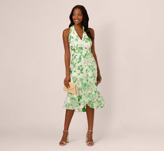 Sleeveless Organza Jacquard Mermaid Midi Dress In Green Ivory