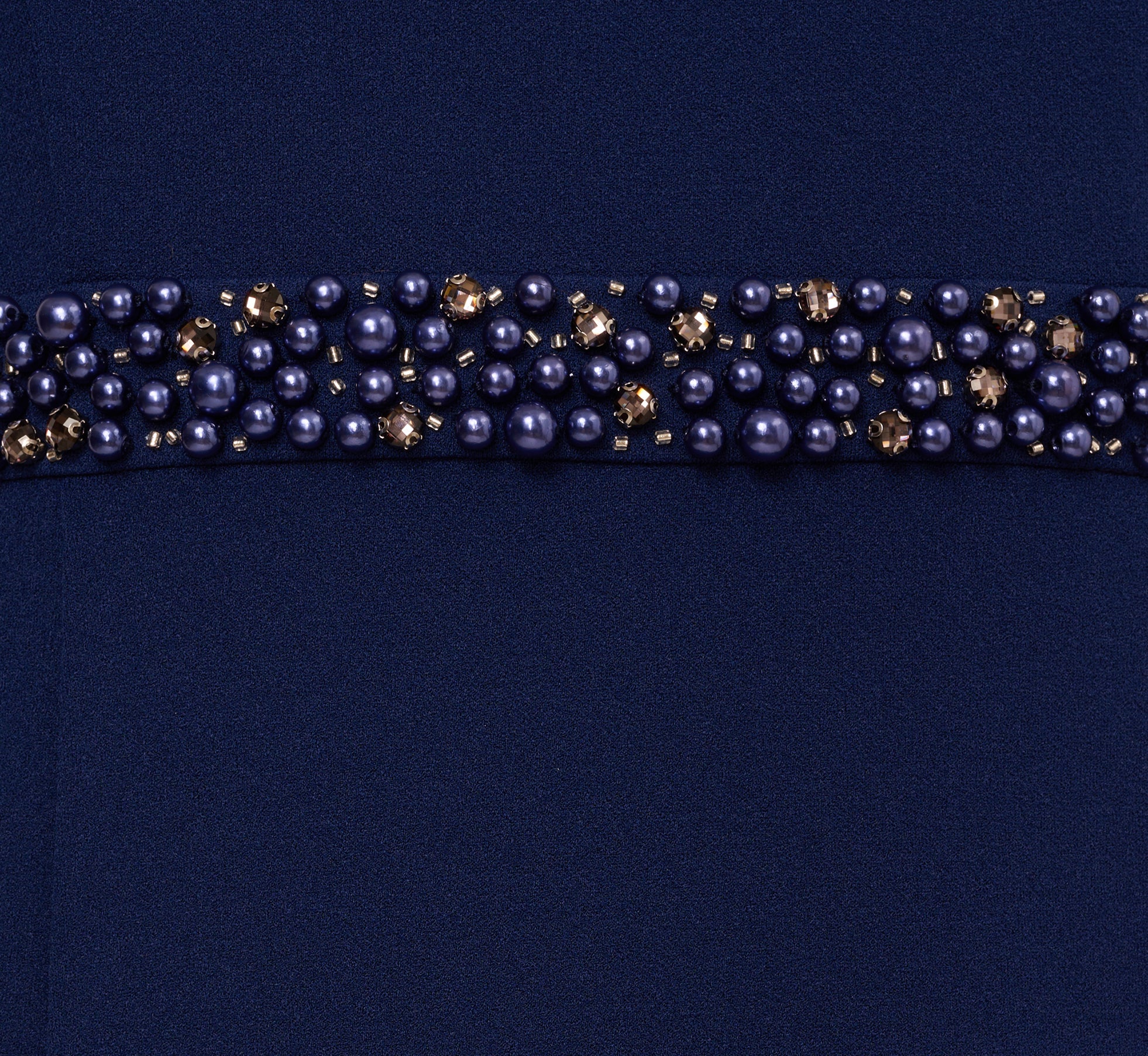 Sleeveless Mock Neck Pearly Midi Dress In Navy Sateen