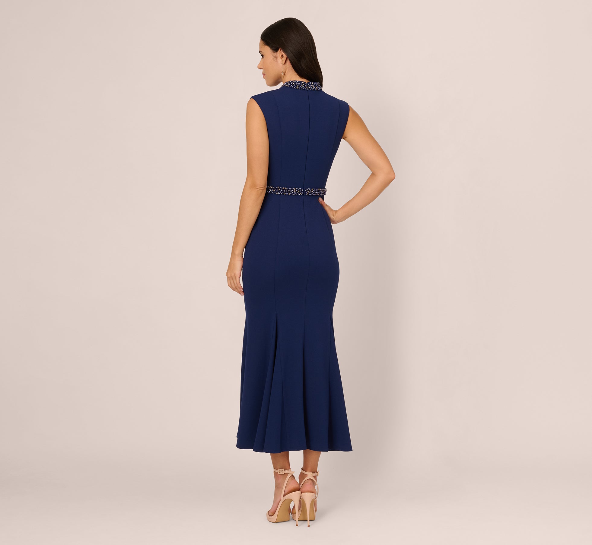 Sleeveless Mock Neck Pearly Midi Dress In Navy Sateen