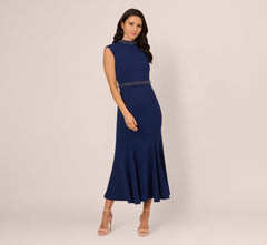 Sleeveless Mock Neck Pearly Midi Dress In Navy Sateen