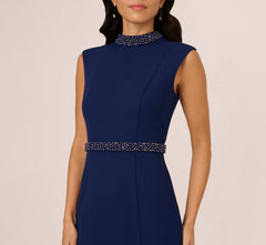 Sleeveless Mock Neck Pearly Midi Dress In Navy Sateen