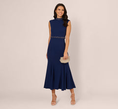 Sleeveless Mock Neck Pearly Midi Dress In Navy Sateen