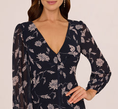 Long Sleeve Floral Chiffon Maxi Dress In Navy Blush