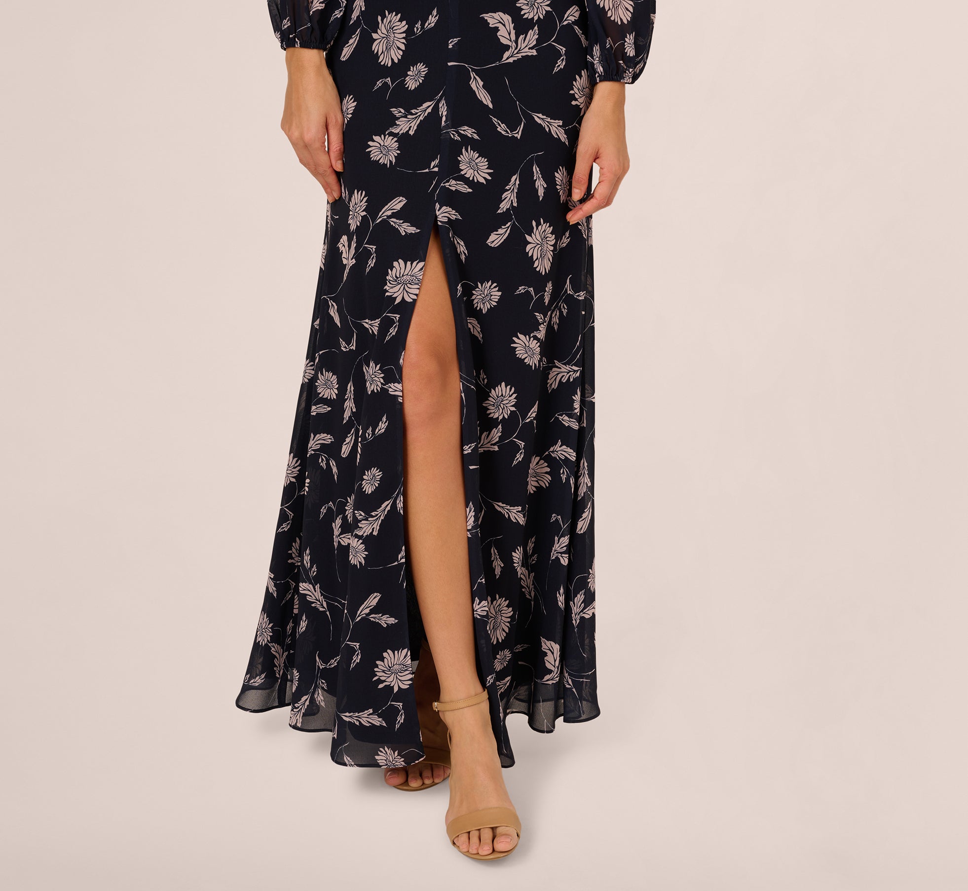 Long Sleeve Floral Chiffon Maxi Dress In Navy Blush