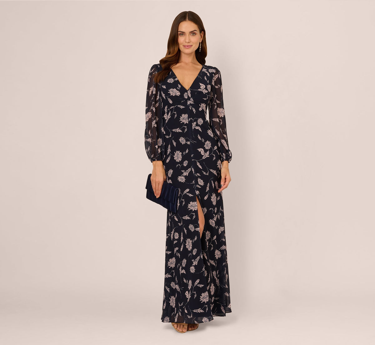 Long Sleeve Floral Chiffon Maxi Dress In Navy Blush