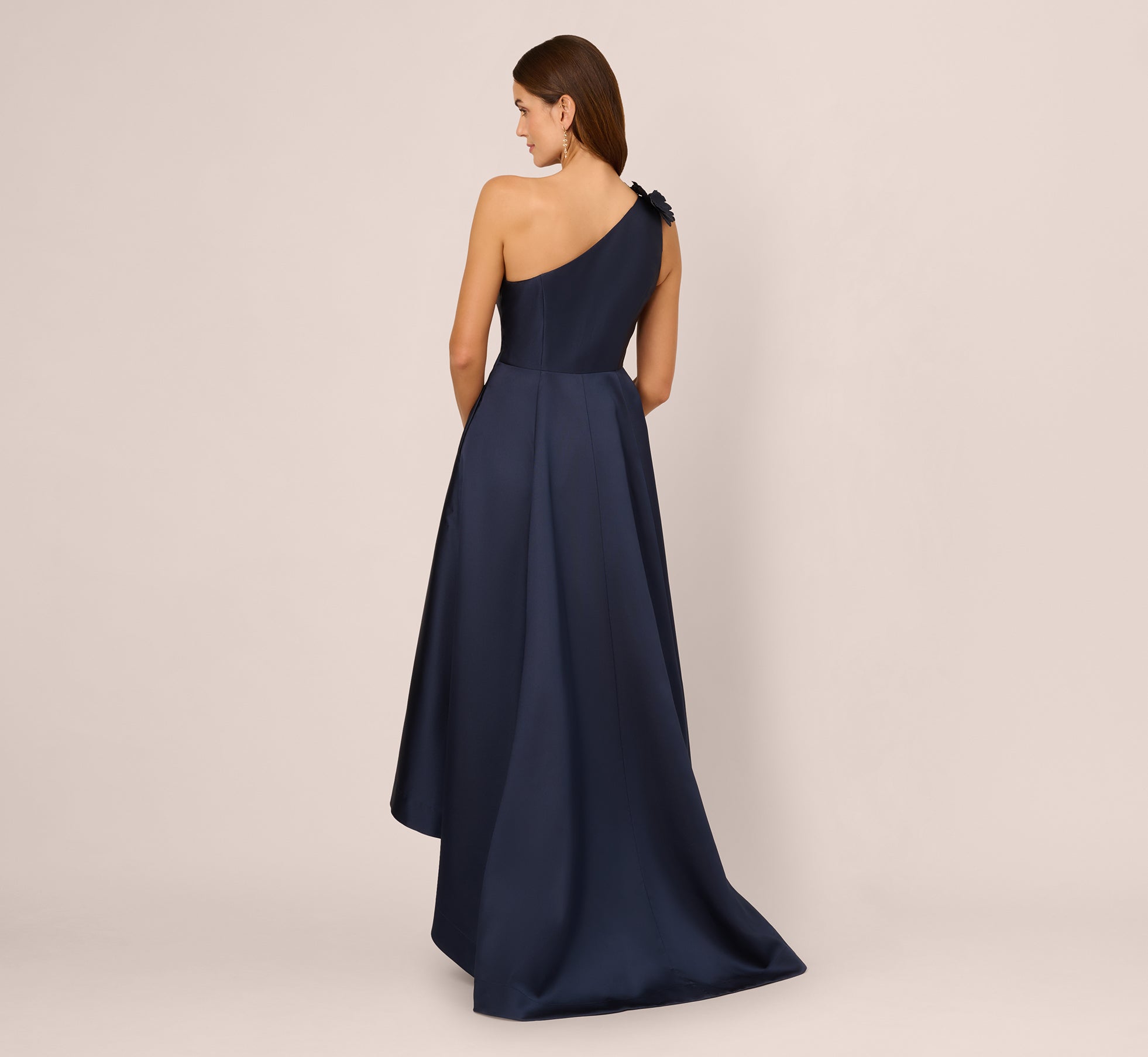One Shoulder Draped Mikado High Low Gown In Midnight