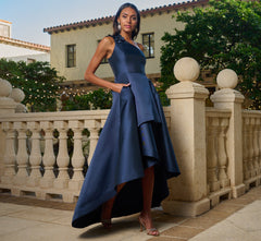 One Shoulder Draped Mikado High Low Gown In Midnight