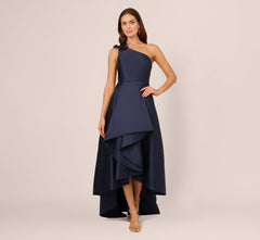 One Shoulder Draped Mikado High Low Gown In Midnight