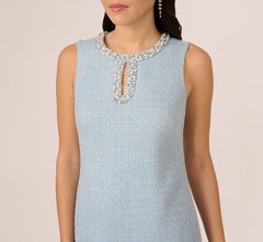 Sleeveless Tweed Beaded Keyhole Shift Dress In Light Blue