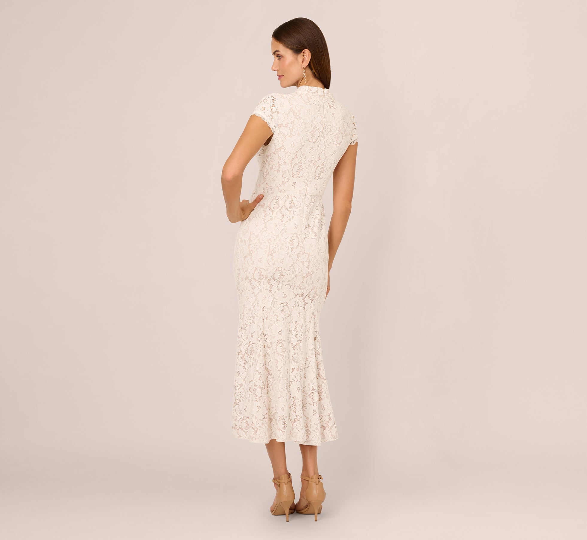 Cap Sleeve Lace Midi Dress In Ivory Nude