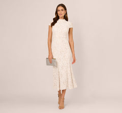 Cap Sleeve Lace Midi Dress In Ivory Nude
