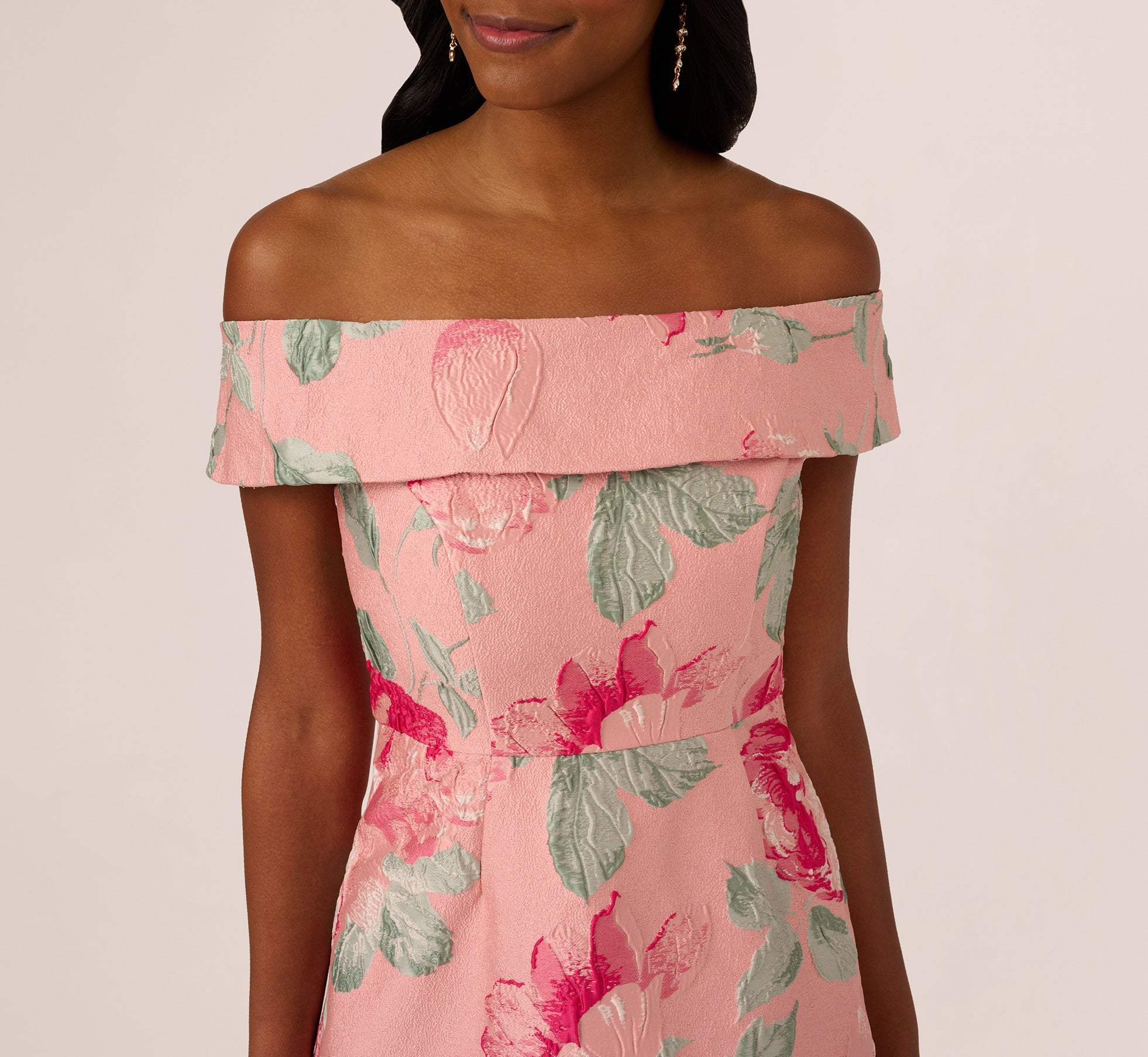 Off Shoulder Floral Jacquard Fit And Flare Gown In Pink Multi