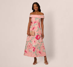 Off Shoulder Floral Jacquard Fit And Flare Gown In Pink Multi